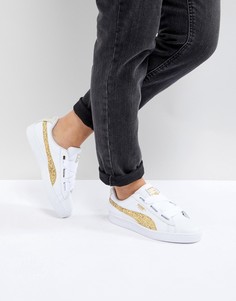 Белые кроссовки с золотистой вставкой Puma Basket Heart - Белый