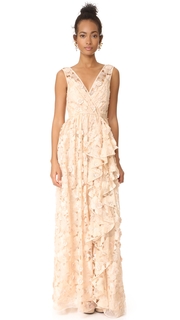 Badgley Mischka Collection Cutout Organza Ruffle V Neck Gown