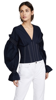 Jonathan Simkhai Ruched Cotton V Neck Corseted Blouse