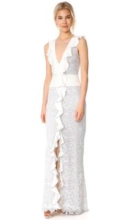 Monique Lhuillier Sleeveless Ruffle V Neck Gown