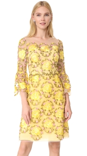 Marchesa Notte Embroidered Cocktail Dress with Flutter Sleeves