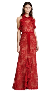 Marchesa Notte Double Ruffle Lace Gown