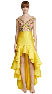 Marchesa Notte Cap Sleeve High Low Embroidered Dress