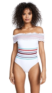 Red Carter Ipanema Smocked Off Shoulder Maillot