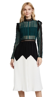 Self Portrait Stripe Panelled Lace Midi Dress