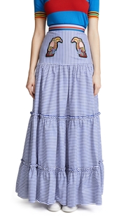 Stella Jean Maxi Tiered Skirt with Parrots