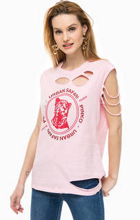 Рваная хлопковая футболка с принтом Pinko