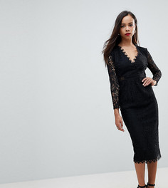 Кружевное платье-футляр миди с длинными рукавами ASOS PETITE - Черный