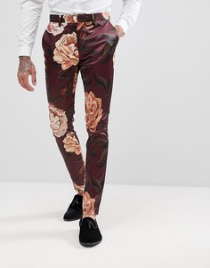Бордовые облегающие брюки из сатина с цветочным принтом ASOS - Красный