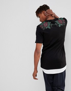 Удлиненная футболка с принтом роз на спине и контрастным подолом ASOS - Черный