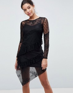 Платье из сетки добби и кружева с оборками на юбке ASOS - Черный