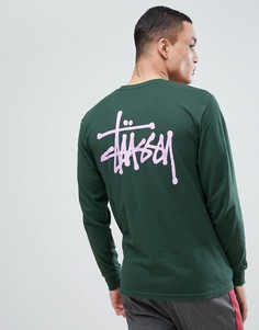 Зеленый лонгслив с логотипом на спине Stussy - Зеленый