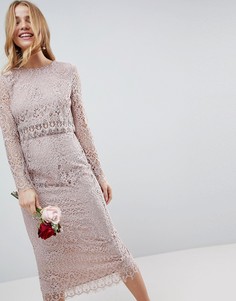 Кружевное платье-футляр миди с длинными рукавами ASOS WEDDING - Бежевый