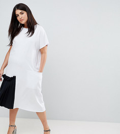 Платье-футболка миди с контрастной плиссированной вставкой ASOS CURVE - Белый
