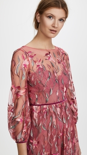 Marchesa Notte Embroidered Gown with Bishop Sleeve