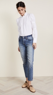 Rebecca Taylor Textured Twill Ruched Sleeve Top