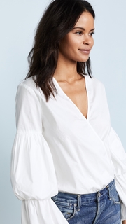 WAYF Lantern Sleeve Faux Wrap Bodysuit