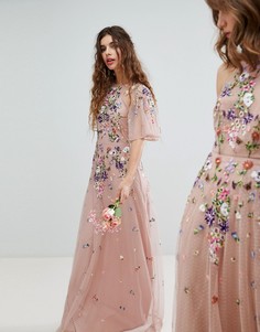 Платье макси из сетки добби с цветочной вышивкой и рукавами клеш ASOS WEDDING - Мульти