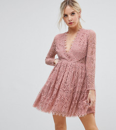 Кружевное платье мини для выпускного с длинными рукавами ASOS PETITE - Розовый