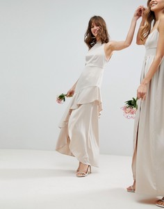 Атласное платье макси с оборкой ASOS Wedding - Кремовый