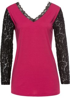 Футболка с кружевной отделкой (ягодный/черный) Bonprix