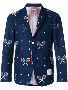 Unconstructed Classic Single Breasted Sport Coat With Grosgrain Placket In Washed Denim With Distressed Tennis Half Drop Embroidery Thom Browne