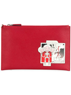 Saffiano robot monkey patch clutch Prada