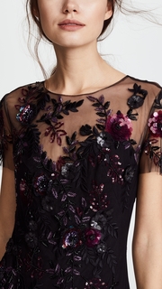 Marchesa Notte Short Sleeve Embroidered Fringe Tiered Gown