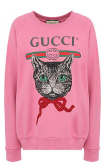 Хлопковый свитшот свободного кроя с принтом и пайетками Gucci