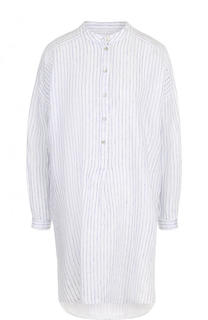 Удлиненная хлопковая блуза в полоску с воротником-стойкой 120% Lino
