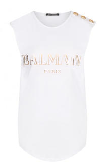 Хлопковый топ с круглым вырезом и логотипом бренда Balmain