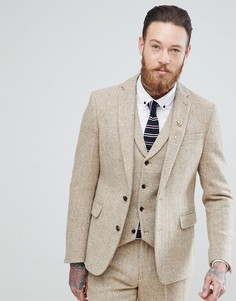 Серо-коричневый пиджак узкого кроя из 100% шерстяного харрис-твида с узором в елочку ASOS - Серый