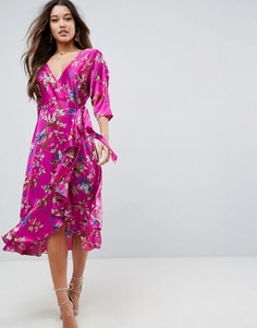 Платье миди с цветочным принтом и оборками ASOS - Мульти