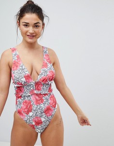 Слитный купальник с принтом роз и оборкой на талии ASOS FULLER BUST - Мульти