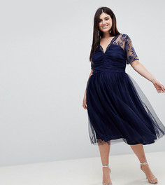Платье миди с кружевом и сборками на топе ASOS CURVE - Темно-синий