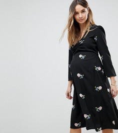 Чайное платье миди в стиле 40-х с вышивкой ASOS Maternity - Черный