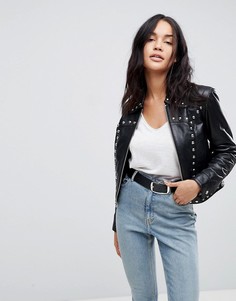 Кожаная куртка на молнии в стиле вестерн с заклепками ASOS - Черный