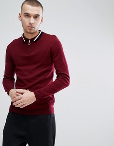 Бордовое трикотажное поло на молнии с контрастным кантом ASOS - Красный