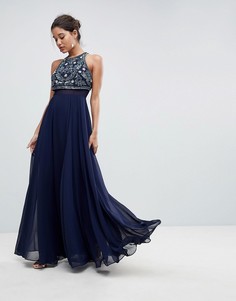 Платье макси с укороченным лифом и цветочной вышивкой ASOS - Темно-синий