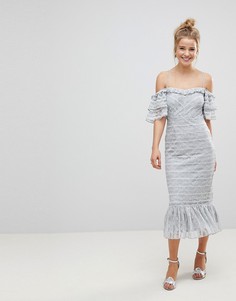 Кружевное платье-футляр миди с оборками ASOS - Серый