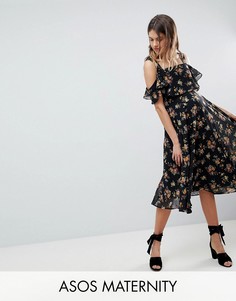 Приталенное платье миди с открытыми плечами и цветочным принтом ASOS MATERNITY - Мульти
