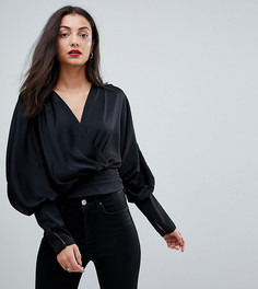 Атласный топ с запахом и рукавами летучая мышь ASOS TALL - Черный