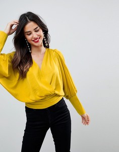 Атласный топ с запахом и рукавами летучая мышь ASOS - Желтый
