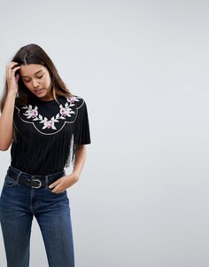 Футболка с вышивкой на кокетке и кисточками ASOS - Черный