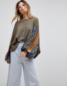 Свитер с цветочным принтом на рукавах Free People - Зеленый