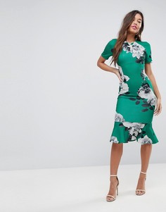 Зеленое платье миди с цветочным принтом ASOS - Мульти