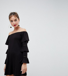 Платье мини с открытыми плечами и отделкой клеш на рукавах ASOS PETITE - Черный