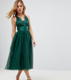 Платье для выпускного миди с ленточным поясом и кружевным топом ASOS PETITE PREMIUM - Зеленый