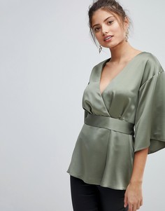 Атласный топ-кимоно с запахом ASOS - Зеленый