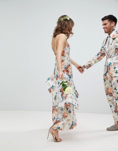 Платье макси с цветочным принтом и оборкой ASOS WEDDING - Мульти
